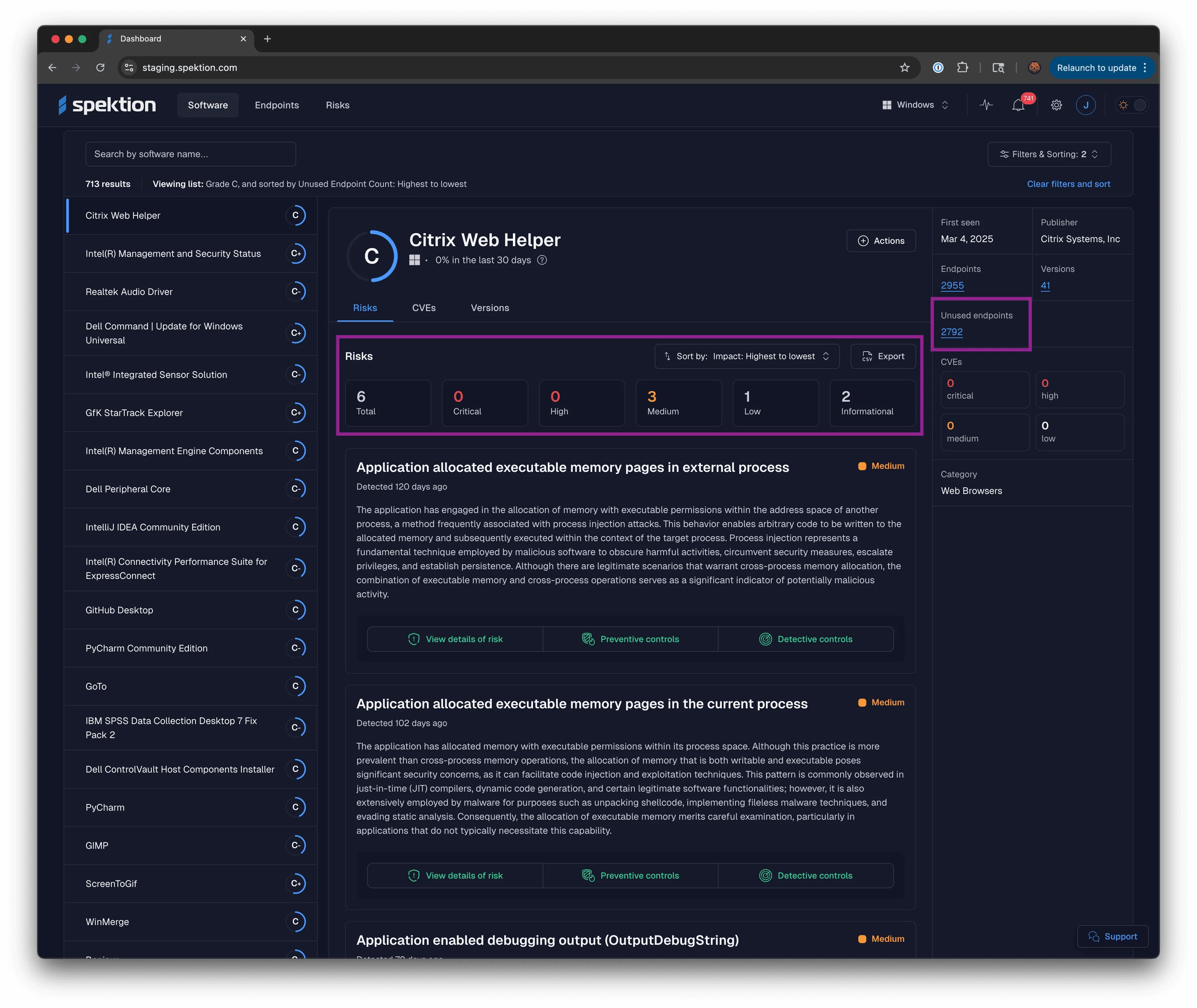 Example of Spektion dashboard showing risks in unused software