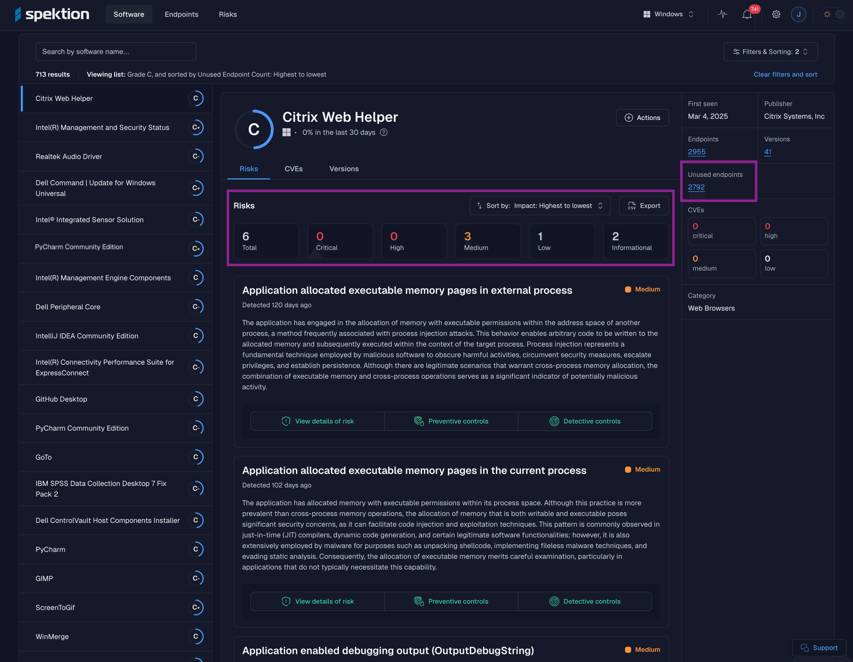 Example of Spektion dashboard showing risks in unused software