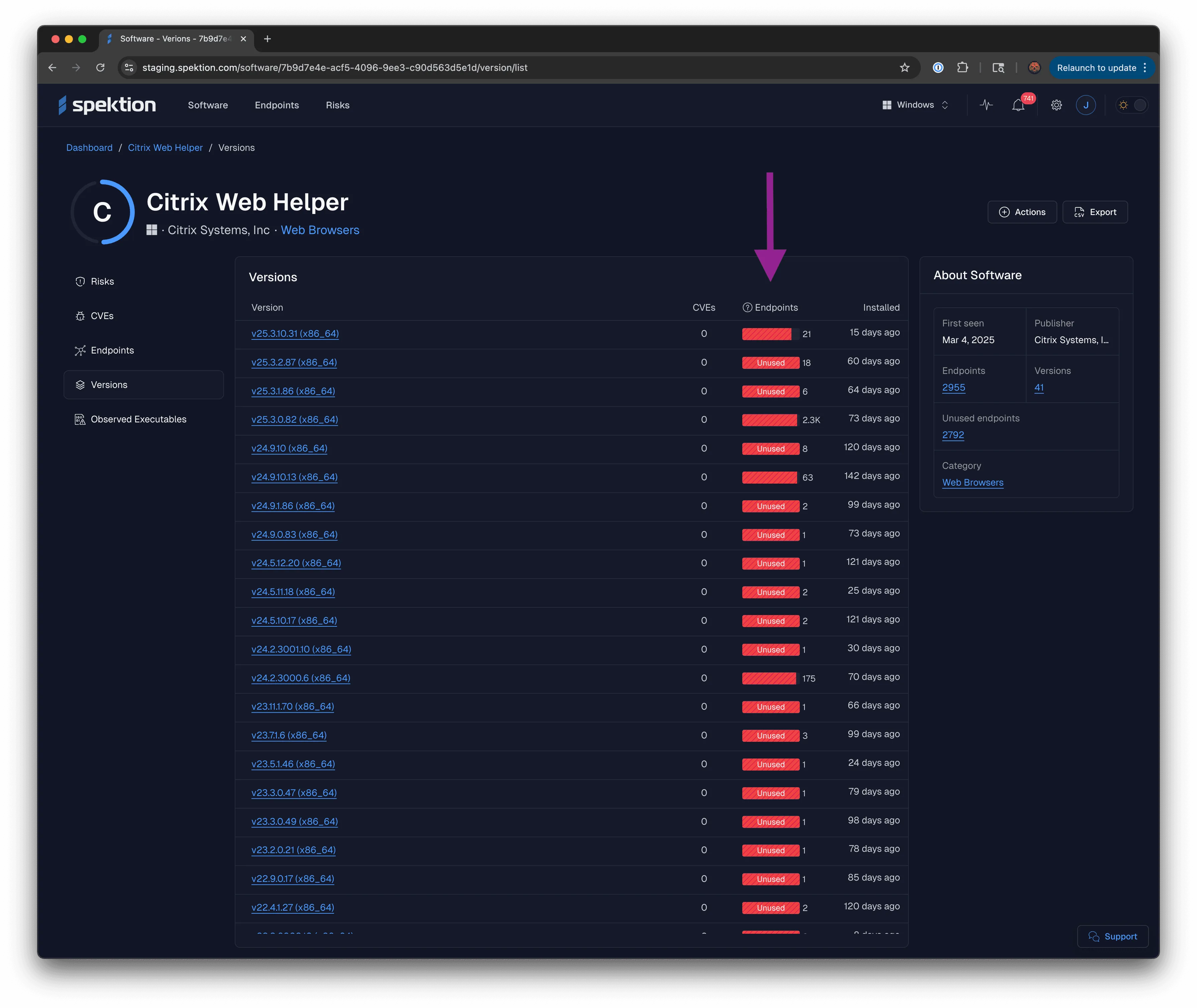 Example of Spektion dashboard showing unused software