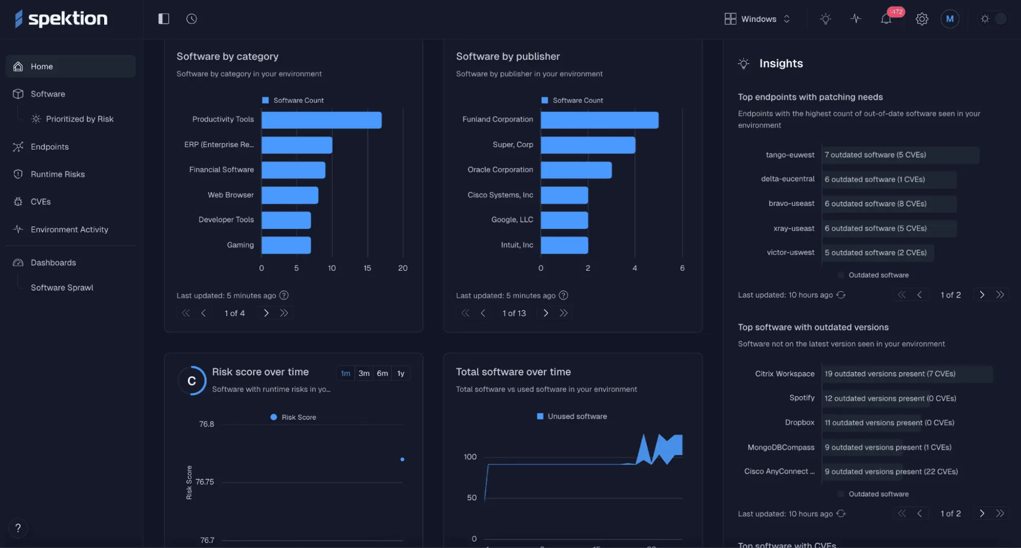 See risk in your installed software in the Spektion dashboard