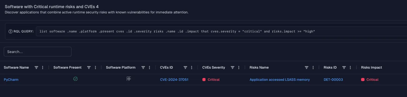Create advanced reports, such as “all software with both critical risks &#x26; CVEs.” Click into a row to view the affected endpoints, allowing you to act quickly.